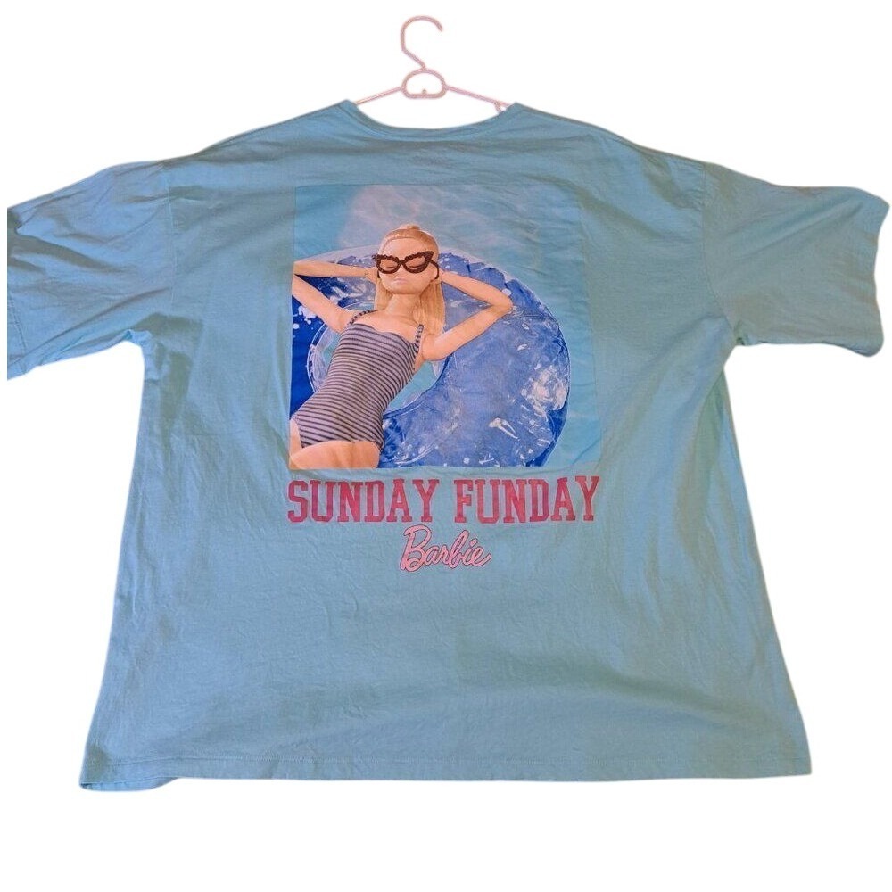 Barbie Womens XL Sunday Funday Graphic T-Shirt Casual Light Blue Relaxed Tee